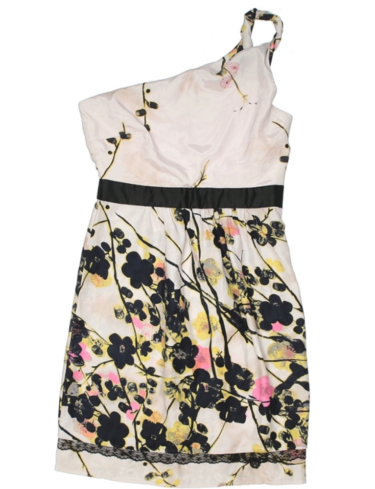 Johnny Martin Floral One Strap Dress with Black Ribbon Waist & Lace trim.